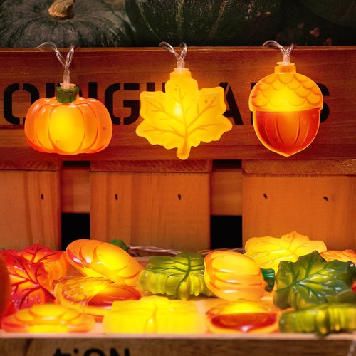LOLStar Fall Decor Lights, 9.8FT 20 LED Thanksgiving String Lights, Battery Operated (Not Included) with Timer Function and 8 Flash Modes, Pumpkin, Maple Leaf, Acorn Light for Autumn Home Indoor Decor