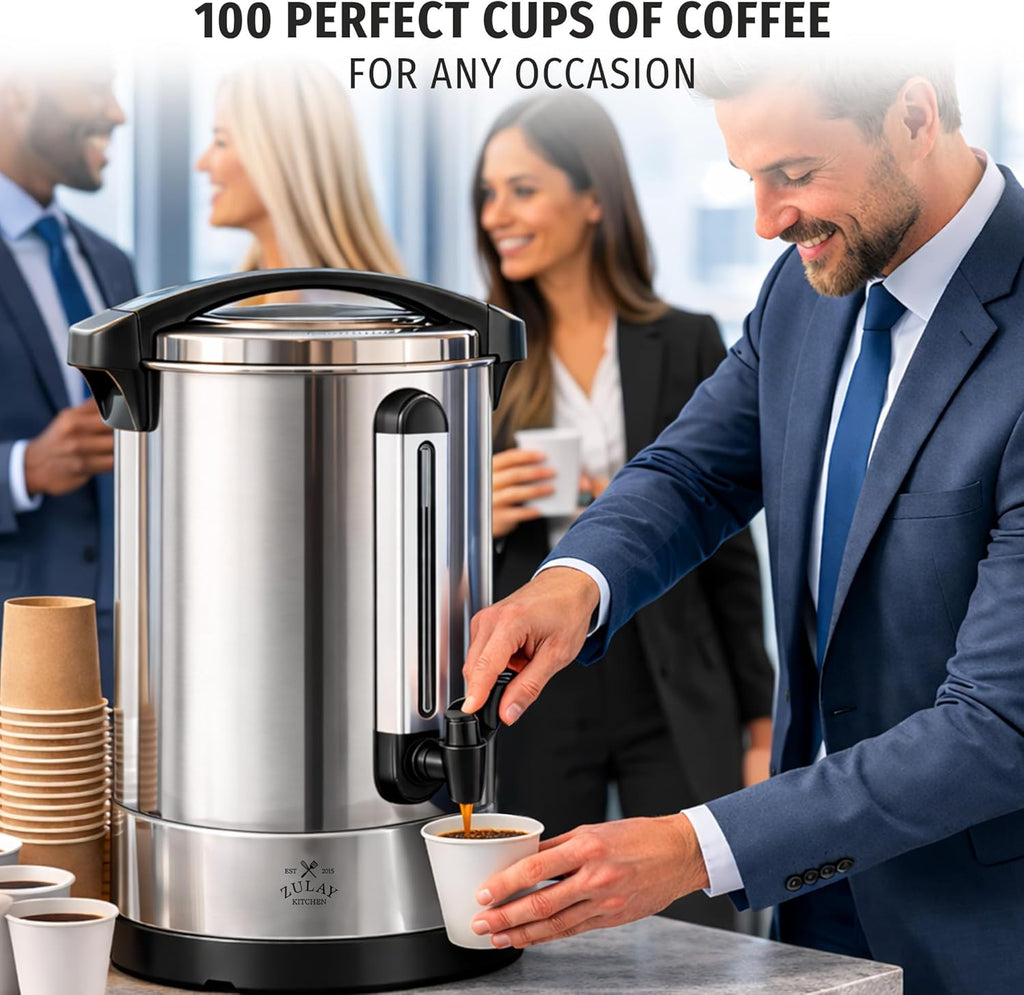 Zulay 100 Cup Coffee Maker - Commercial Grade Double-Wall Stainless Steel Urn for Quick Brewing | Silver