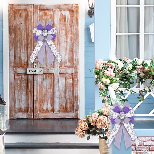 Hying Large Spring Lavender Bows - White & Purple Burlap Wreath Bows for Weddings & Parties