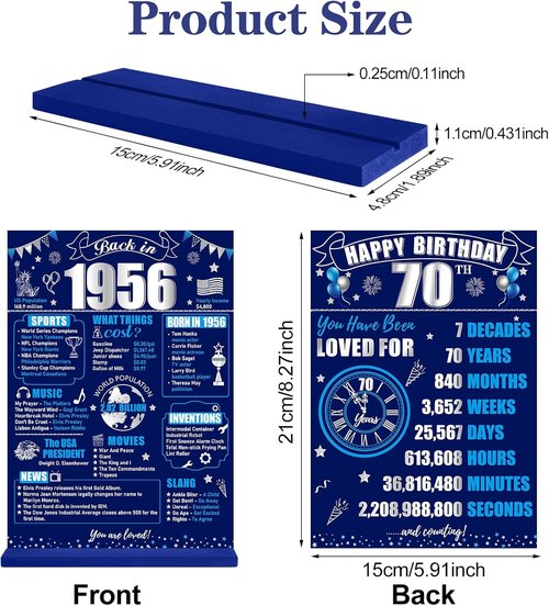 Back in 1956 70th Birthday Decorations - Two-Sided Wooden Table Sign with Stand | Blue & Silver Display
