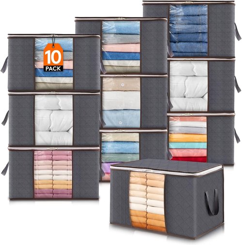 Lifewit 60L Clothes Storage Bins - 10 Pack Foldable Bags with Lids & Clear Windows for Easy Organization