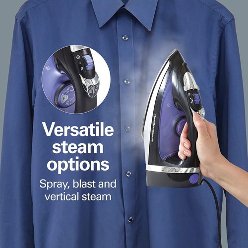 Hamilton Beach Steam Iron - Powerful 1200 Watts Garment Steamer with Stainless Steel Soleplate, Black