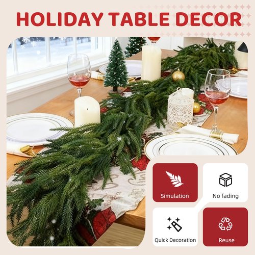 9ft Artificial Norfolk Pine Garlands, Real Touch Winter Pine Garland, Green Artificial Greenery Garland, Winter Decorations for Home for Table, Mantle, Wall