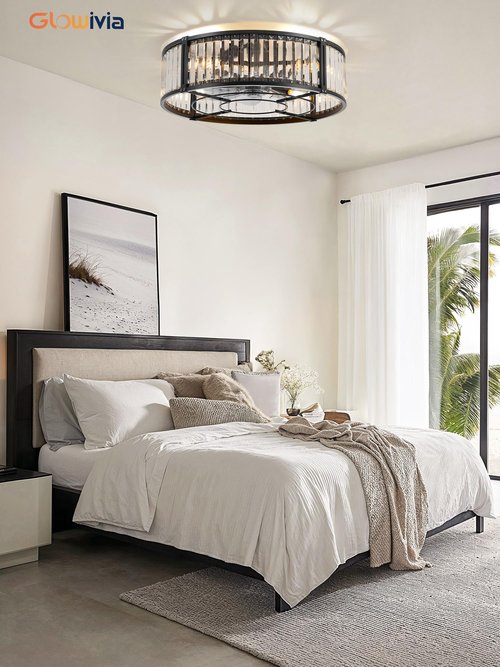 20 Inch Fandelier Ceiling Fan with Light, Crystal Chandelier Ceiling Fans, Caged Ceiling Fan with 6-Speeds, 1/2/4/8H Timer, Quiet DC Motor, Black Flush Mount Ceiling Fans for Bedroom, Living Room