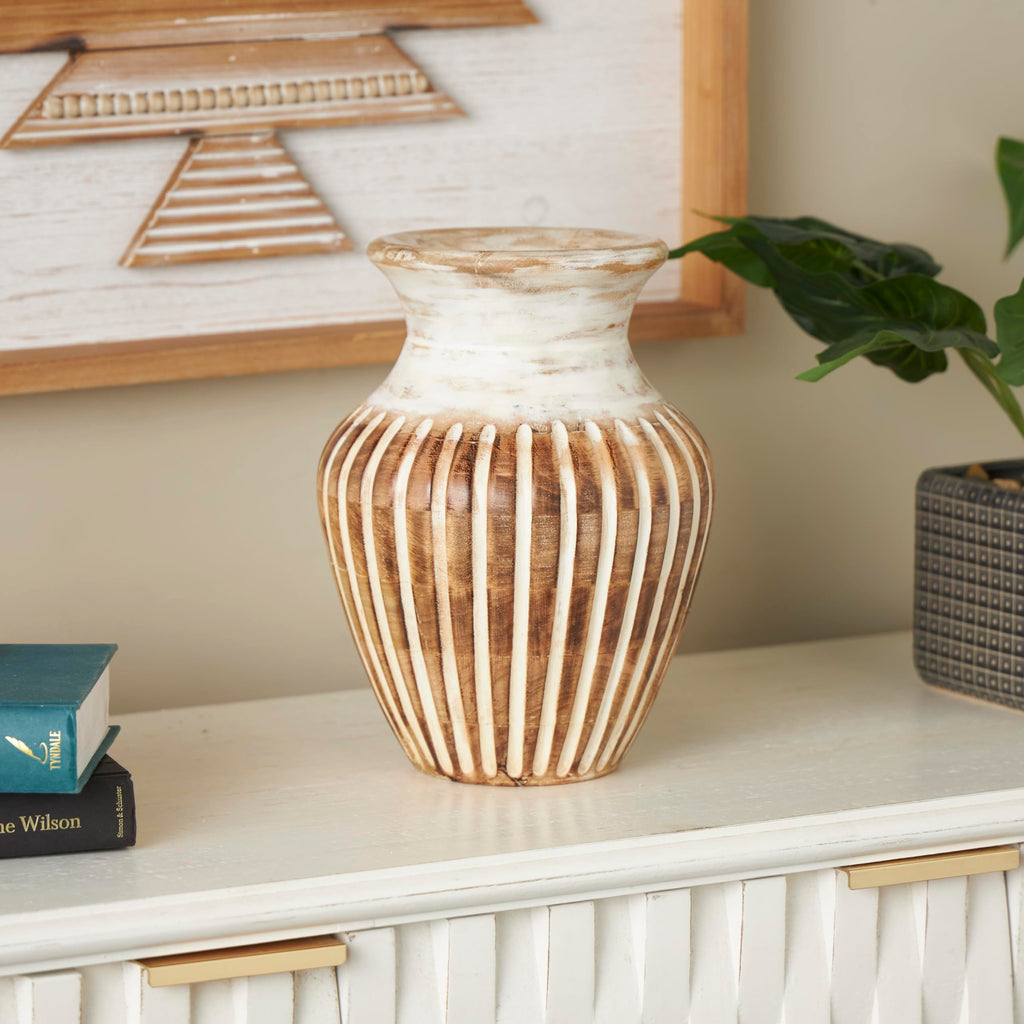 Deco 79 Mango Wood Decorative Vase Distressed Centerpiece Vase with Carved Grooves, Vase for Home Decoration 8" x 8" x 11", Brown