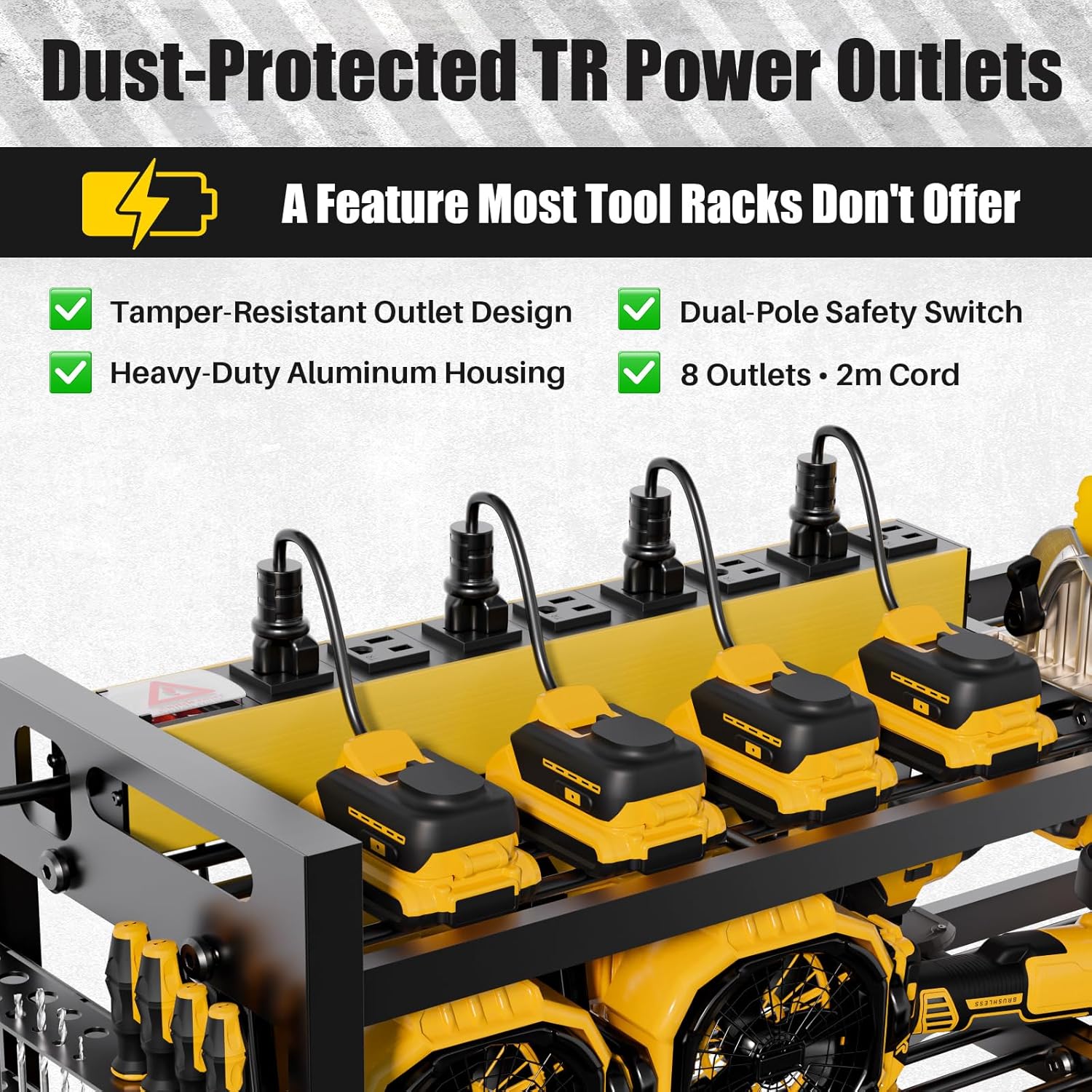 Power Tool Organizer Wall Mount - 8-Outlet Charging Station | Heavy-Duty Garage Storage Rack with Cordless Drill Holder
