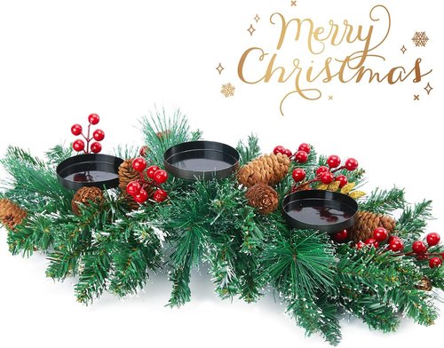 Brightown Christmas Candle Holder - 20.5” Iron Design with Pine Needles, Red Berries & Gold Accents