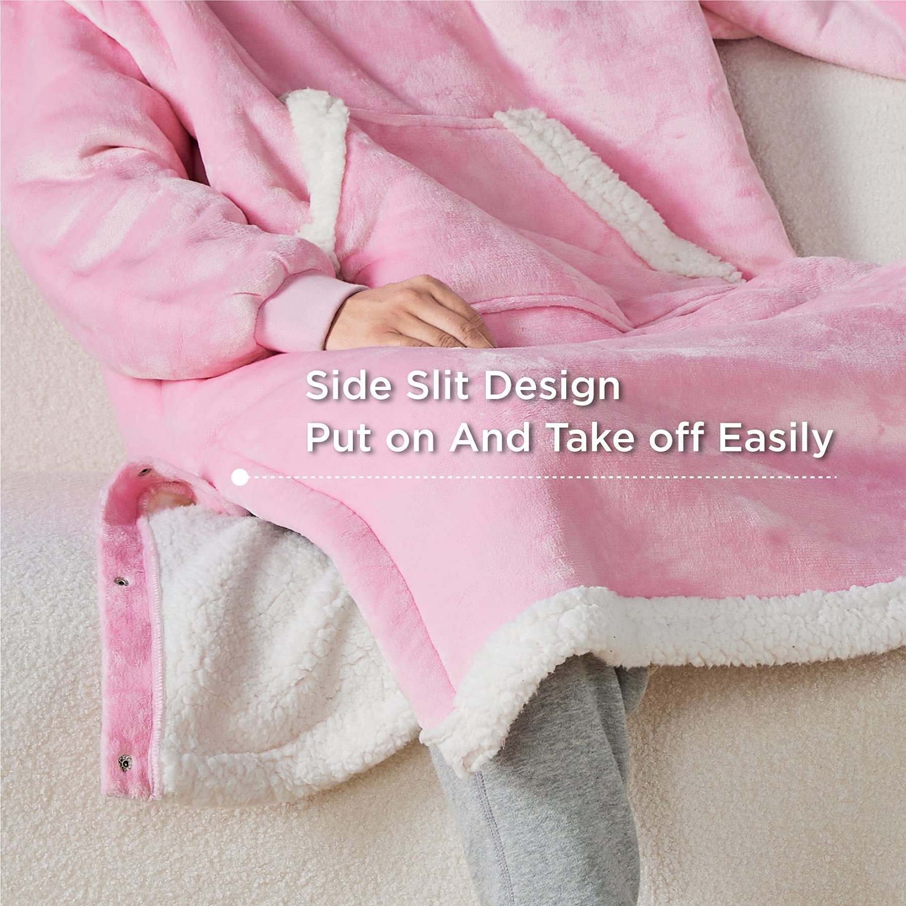 Bedsure Oversized Blanket Hoodie - Long-length Wearable Hooded Blanket Sweatshirt with Side Split, Belt and Big Hood, Giant Warm Sherpa Sweater Blanket Jacket, Pink
