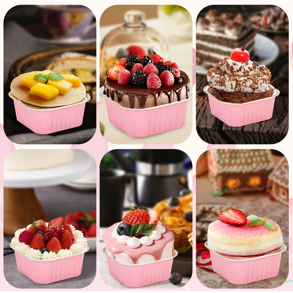 ylnurac 100Pack 5oz Pink Mini Cake Pans with Lids Baking Cups Aluminum Foil Pans Tins, Individual Dessert Cups Containers for Sales,Party,Picnics