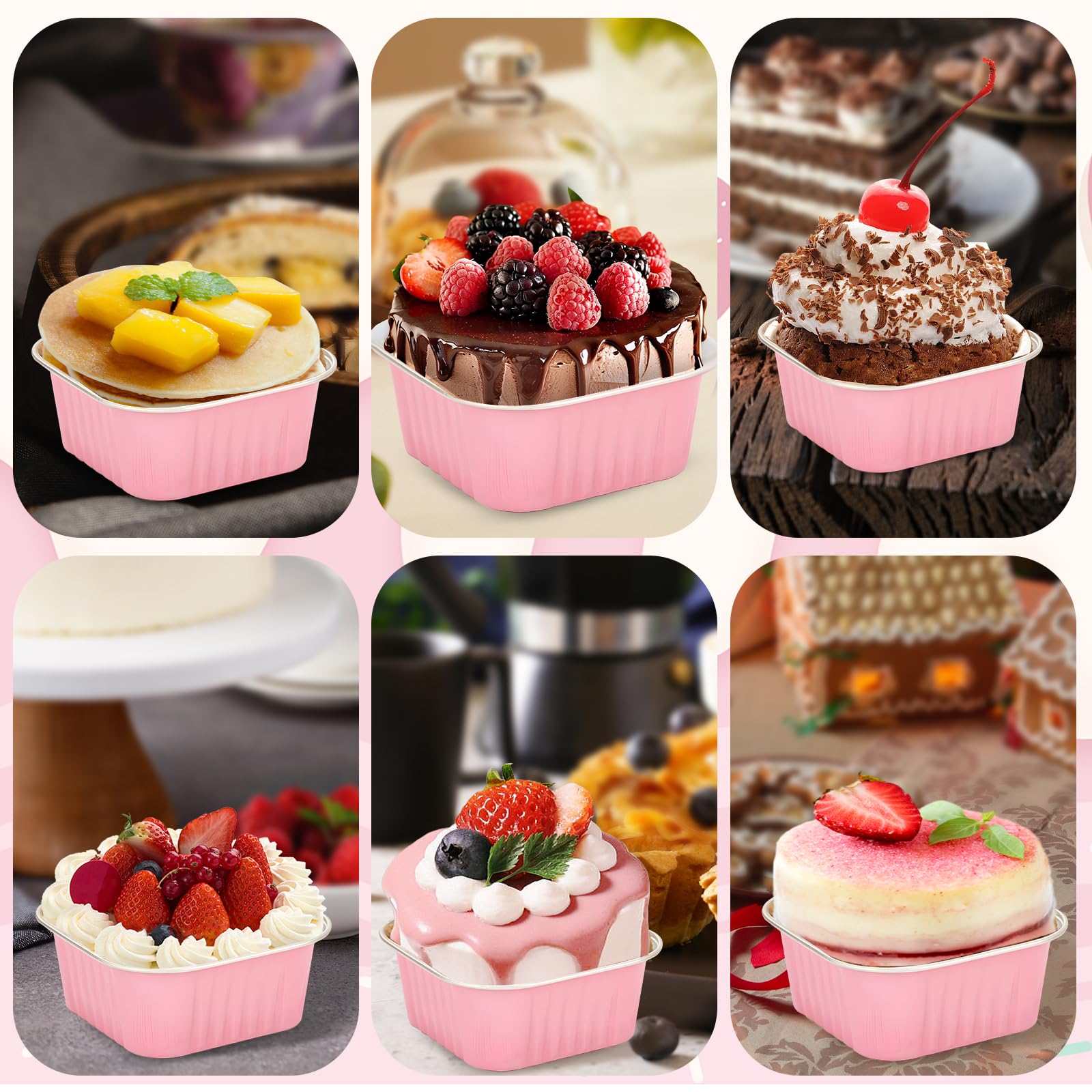 ylnurac 100Pack 5oz Pink Mini Cake Pans with Lids Baking Cups Aluminum Foil Pans Tins, Individual Dessert Cups Containers for Sales,Party,Picnics