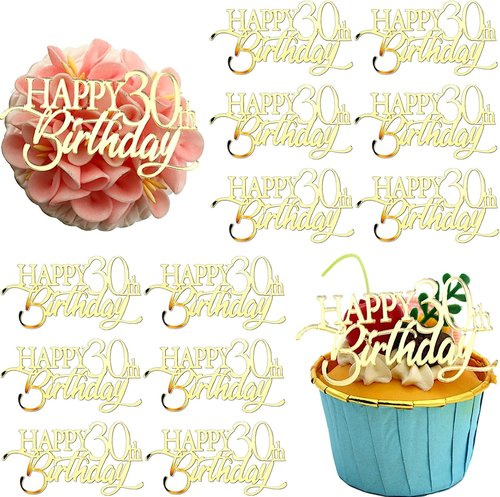 Gold Mirror Acrylic Cupcake Toppers by Happy Birthday | 12-Piece Set for 21st to 70th Celebrations
