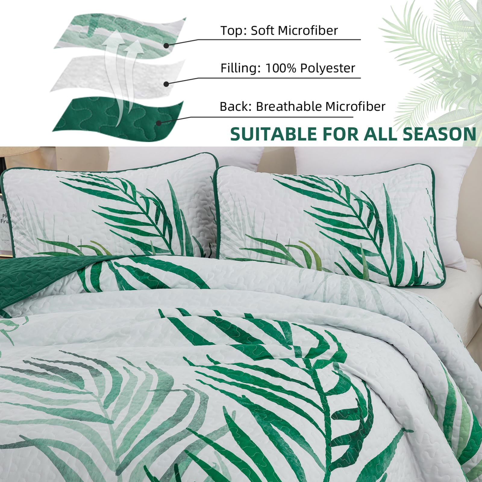 Goodidea Quilts King Size Bedding Set, Sage Green Bedspreads King Size 3 Piece Lightweight Soft Microfiber Reversible Coverlet Floral Quilt Set with Pillow Shams for All Season (King, 104"X90")