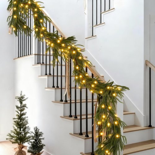 9FT Christmas Garlands Norfolk Pine Garland, Real Touch Artificial Winter Pine Garlands, Green Artificial Greenery Garland for Table, Wall, Mantle, Indoor, Outdoor Christmas Decorations