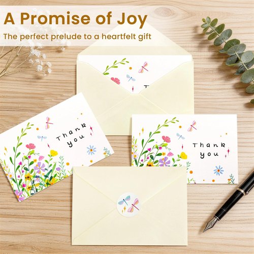 iinut 32 Floral Thank You Cards with Envelopes, 4x6 Inch Blank Cards with Vibrant Designs, Note Cards made from 300gsm Cardstock, Blank Notes for Graduation, Anniversaries, Baby Showers