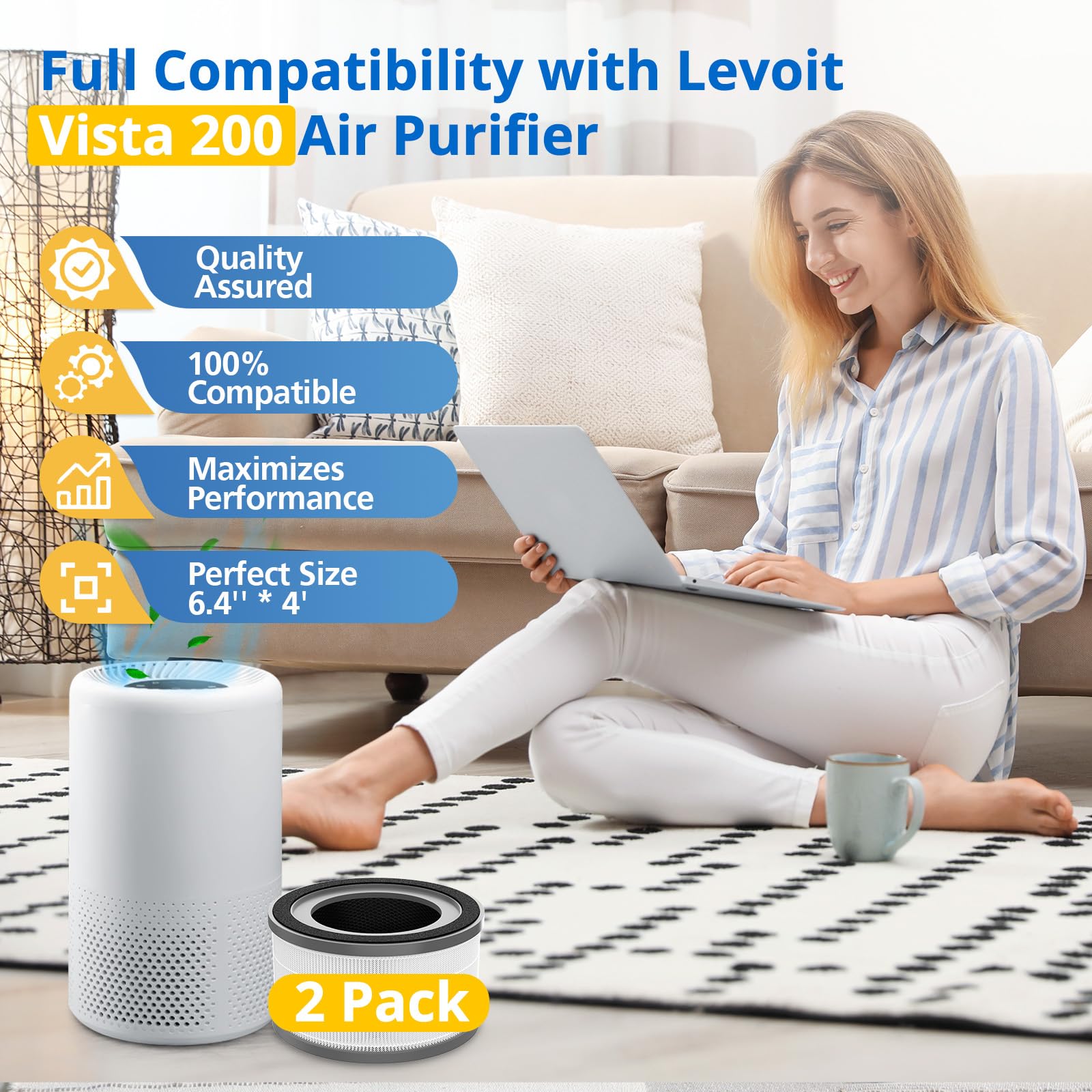 2 Pack Vista 200 Replacement Filter Compatible with LEVOIT Vista 200 Air Puri-fier, 3-in-1 H13 True HEPA Filter, High-Efficiency Activated Carbon Filter, Vista200-RF