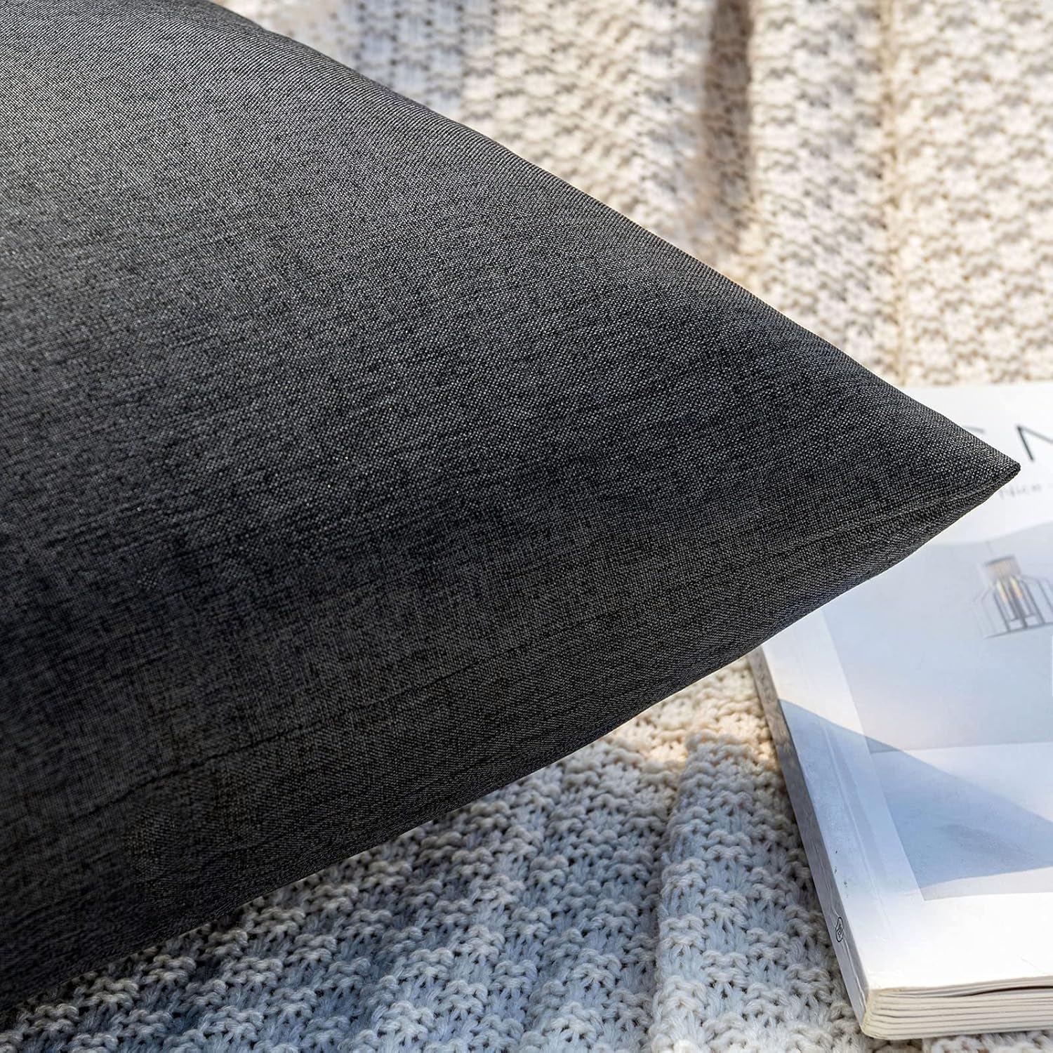 MIULEE Decorative Outdoor Throw Pillow Covers - Waterproof Faux Linen Cushion Cases | 16x16 Inch Black (Pack of 2)