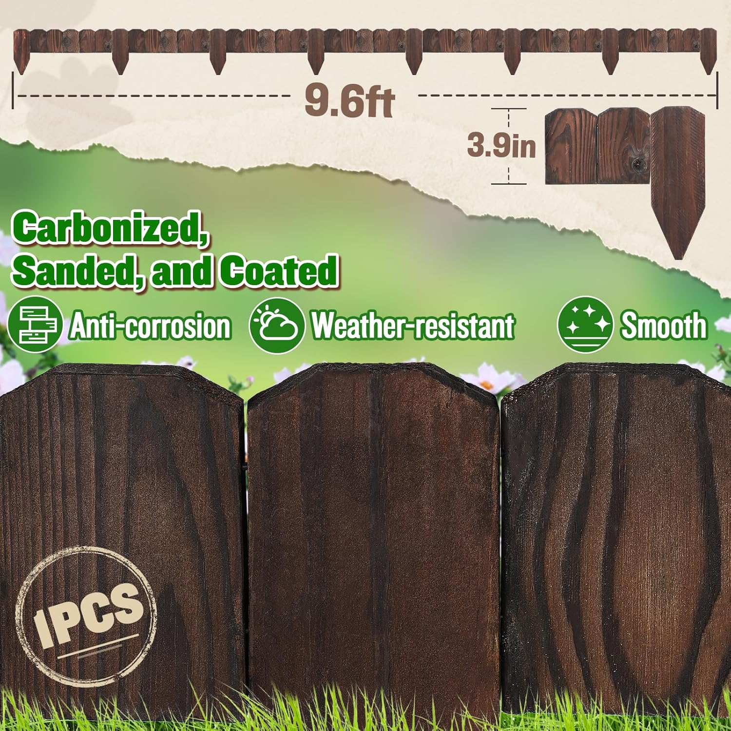 Sturdy Landscape Edging by [Brand Name] - 9.6ft Anti-Corrosive Wood Garden Border | Low-Profile Design for Flower Beds
