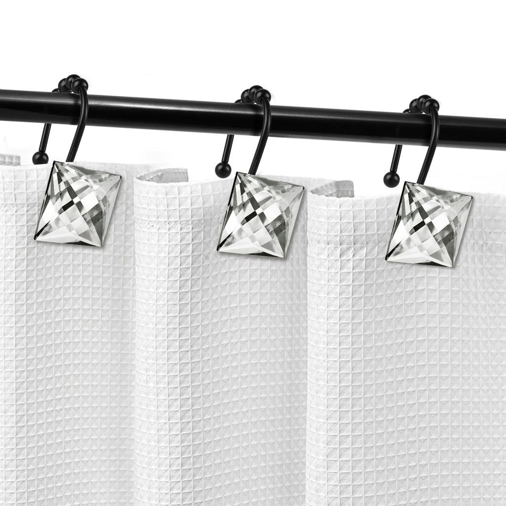 Sunlit Luxury Design Square Clear Diamond Crystal Gem Bling with Glide Balls Shower Curtain Hooks, Rust Proof Metal Rhinestones Glam Shower Curtain Rings with Black Hooks, Set of 12