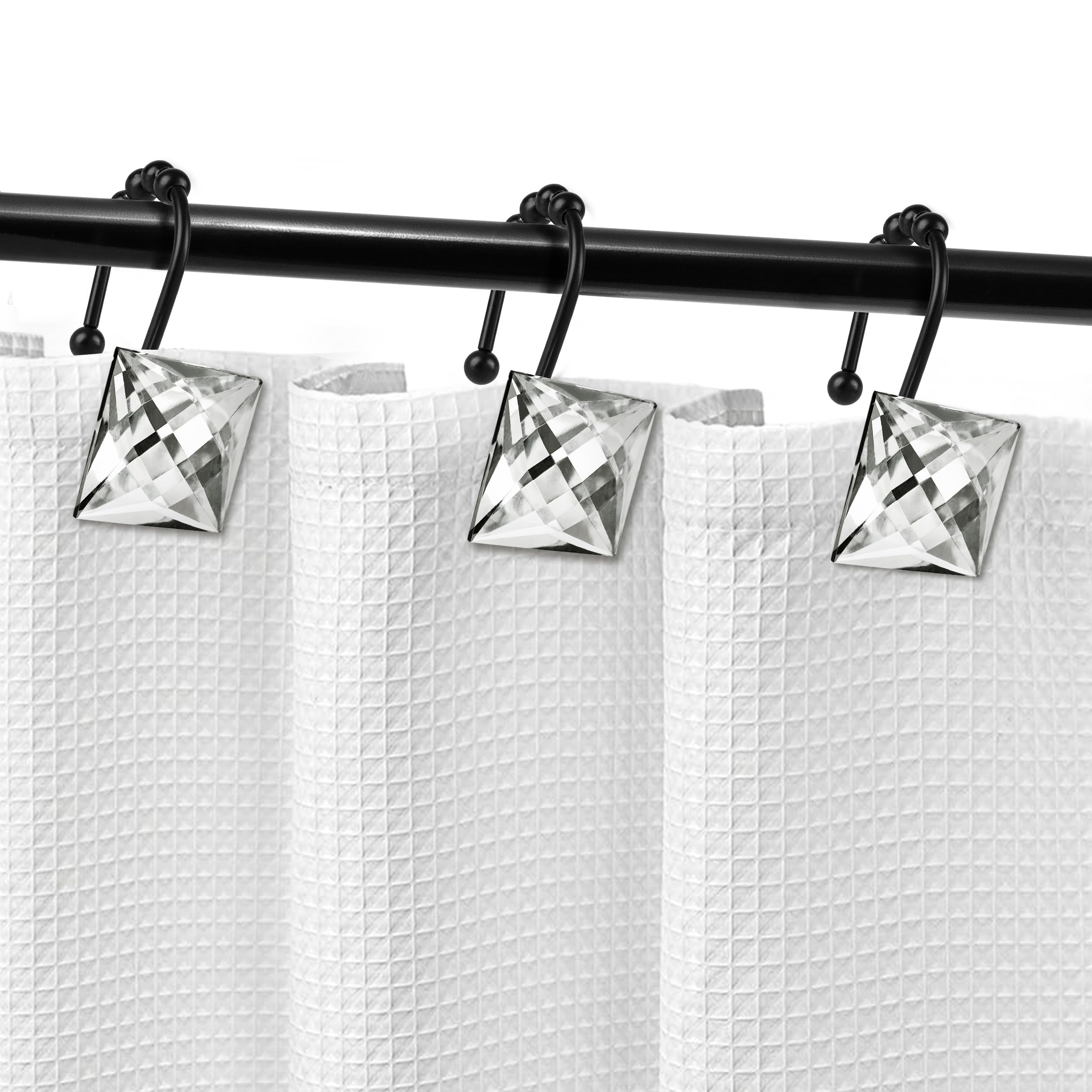 Sunlit Luxury Design Square Clear Diamond Crystal Gem Bling with Glide Balls Shower Curtain Hooks, Rust Proof Metal Rhinestones Glam Shower Curtain Rings with Black Hooks, Set of 12