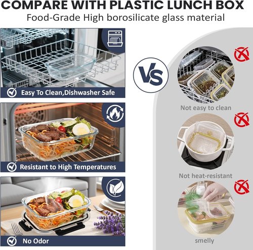 HOTEC 35oz Glass Food Storage Containers - Airtight Lunch & Fruit Containers, 4-Pack | Microwave & Oven Safe