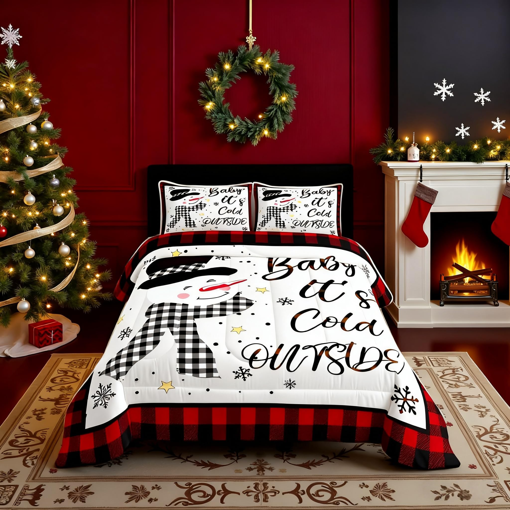 Kids Christmas Snowman Comforter Set Queen Size,Snowflake Winter Bedding Set,Girls Boys Adults Xmas Decor,Geometric Grids Lattices Patch Down Comforter,Red Rustic Vintage Duvet Insert,2 Pillowcases