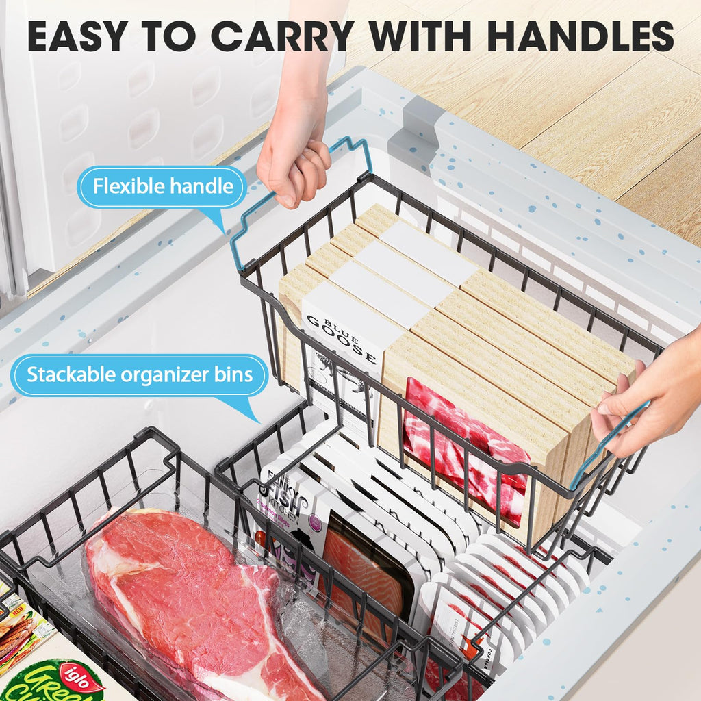 SUNALLY Freezer Organizer Bins, 4 Pack Stackable Chest Freezer Organizer for 5-7 Cu.FT Deep Freezer Sort Frozen Meats and Food, Freezer Storage Baskets with Handles Easy Reach from Bottom, Black