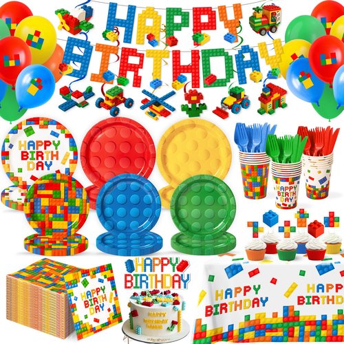 197 Pcs Building Blocks Birthday Paper Plates Tableware Set (Serves 24), Colorful Blocks Supplies Include Banner Pendant Plates Napkins Cups Forks Knives Tablecloth Topper Balloons For Kids Party