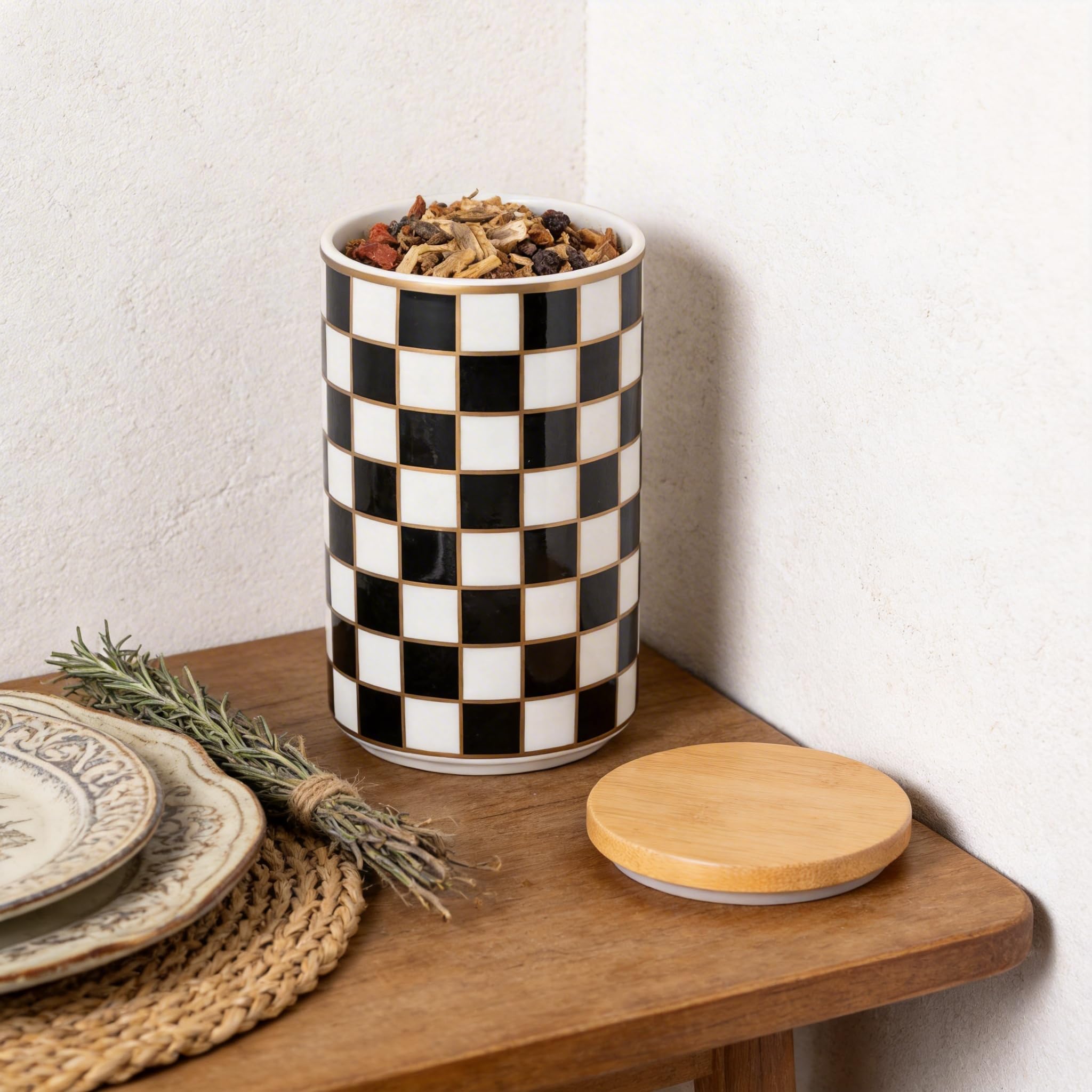 XYQXYQ Kitchen Countertop Ceramic Checkered Canisters,Black And White Food Storage Containers With Lid,Airtight Kitchen Canisters for Flour, Sugar, Coffee, Tea, and Dry Goods (Black, Large)