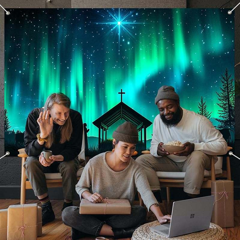 Nativity Banner 71x43 in with Bethlehem Star – Christmas Backdrop, Aurora Silhouette (Variation: Nativity Aurora Silhouette)