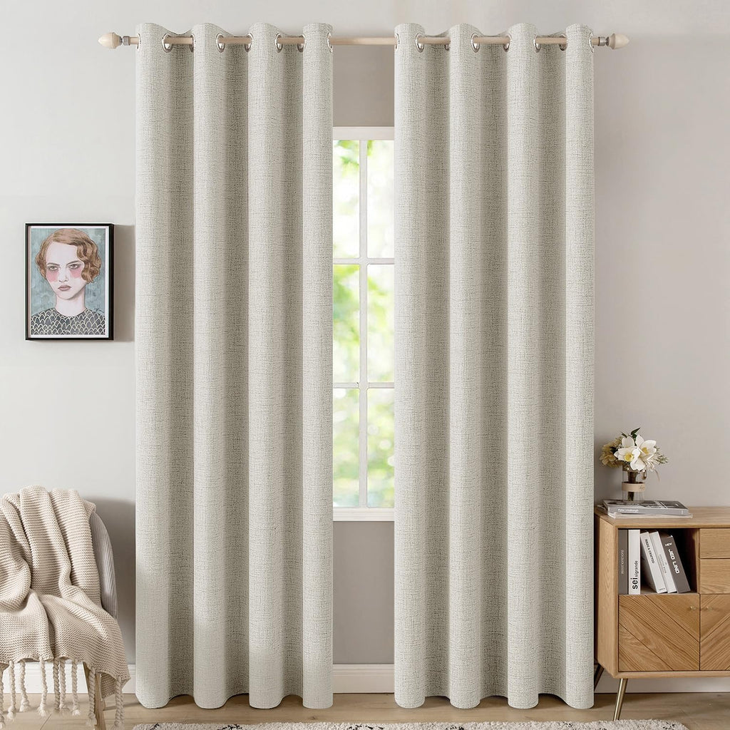 MIULEE Linen Curtains - 100% Blackout Thermal Insulated Drapes | Light Cream, 52x84 Inch (2 Panels)