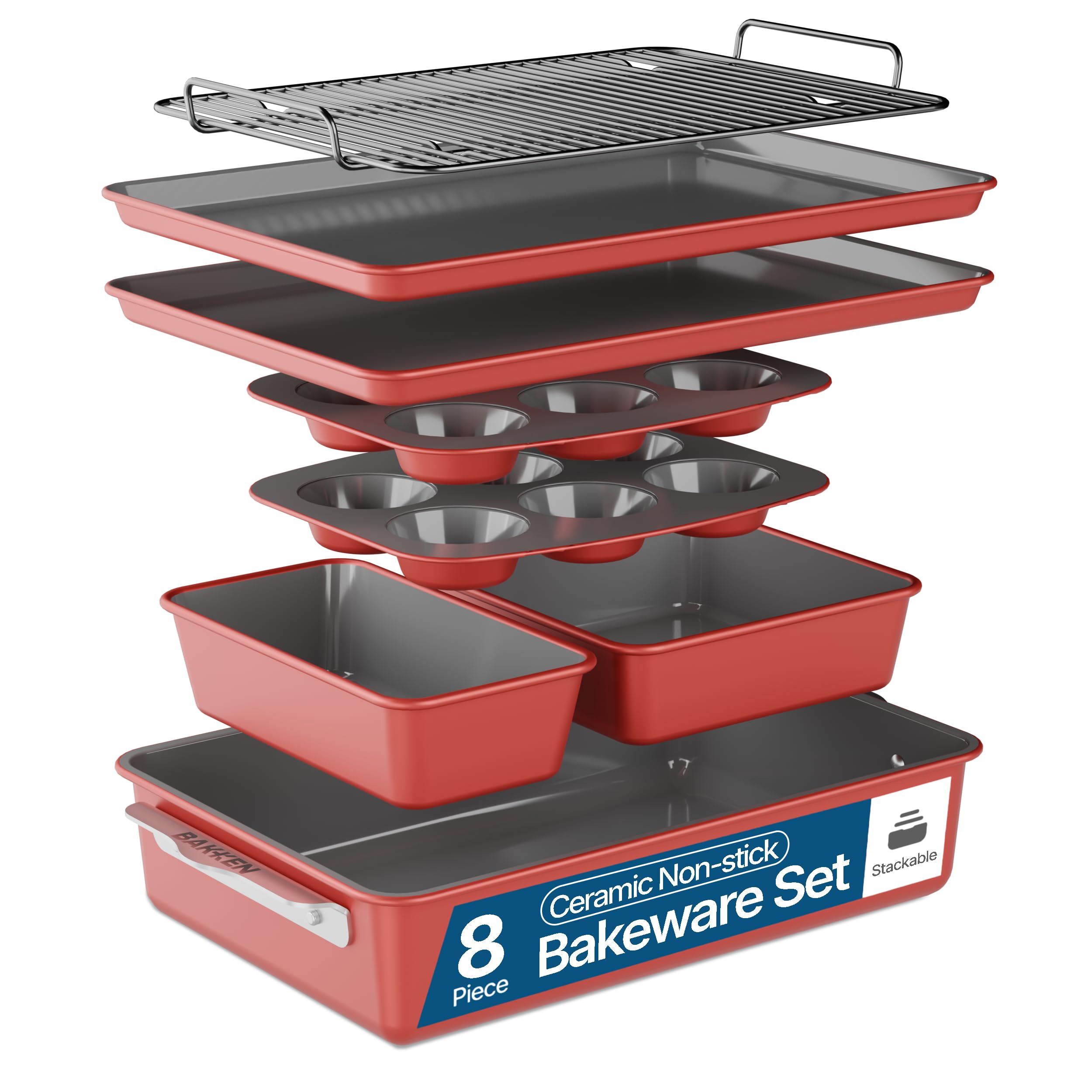 Bakken 8-Piece Ceramic Coated Bakeware Sets, Nonstick Aluminized Steel Pans with Muffin, Loaf, Cake, Roasting Pan, & Cooling Rack, Oven Safe Up To 500°F, Dishwasher Safe, BPA, PTFE & PFAS Free, Pink