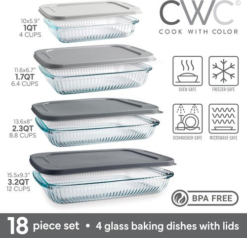 Cook With Color 8-Piece Deep Glass Baking Dish Set - Versatile Casserole & Food Storage Containers | Freezer-to-Oven, Microwave & Dishwasher Safe, Fluted Grey