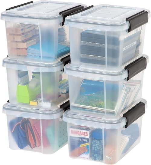 IRIS USA WeatherPro 6 Qt Storage Bins - BPA-Free Plastic with Tight Latch & Seal | Stackable Clear/Black 6-Pack