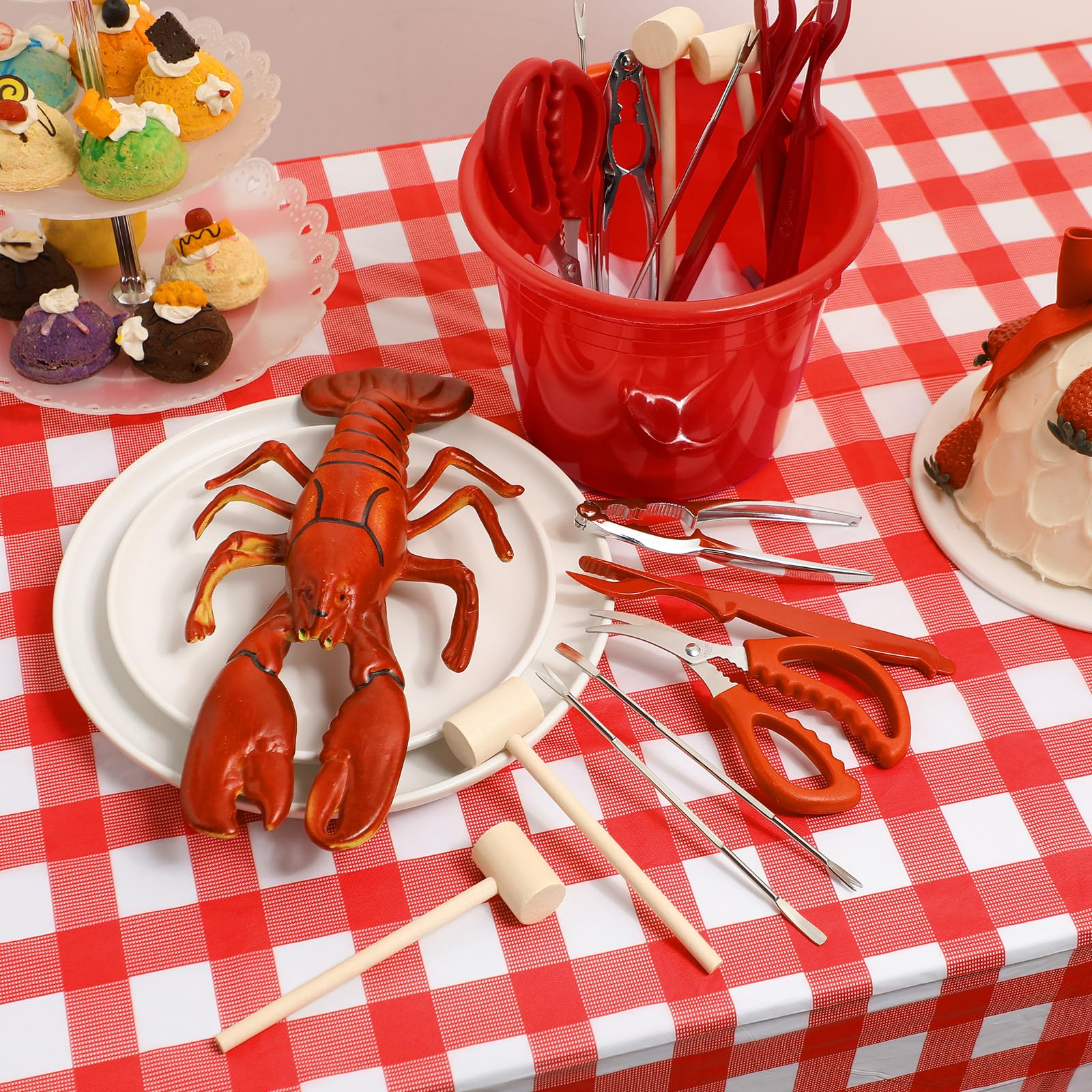 SmoothNovelty 21 Pcs Seafood Tools Set Seafood Boil Party Supplies, Tablecloth Crab Crackers Scissors Lobster Sheller Hammer Shellfish Fork Cracker Plastic Bucket for Lobster Crawfish Food Party
