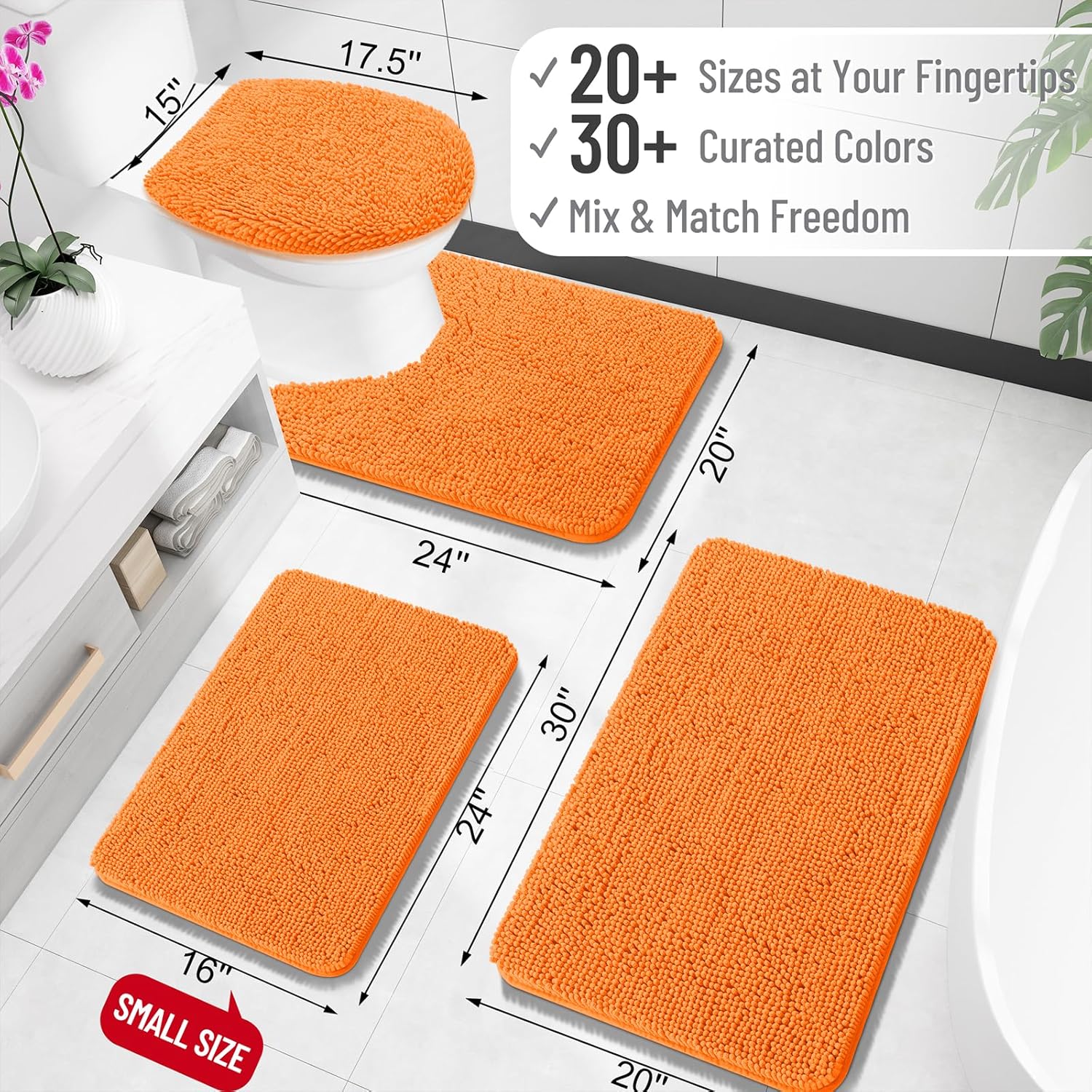 OLANLY Small Bathroom Rugs - Extra Soft Chenille Bath Mats | Quick-Dry, Machine Washable, 24x16, Orange