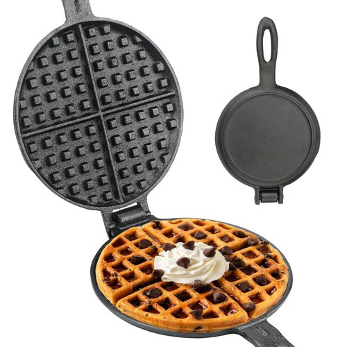Cast Iron Waffle Maker for Stovetop or Camping Grill Two Piece Hinged Non Electric Waffle Iron Makes 7" Round Waffles