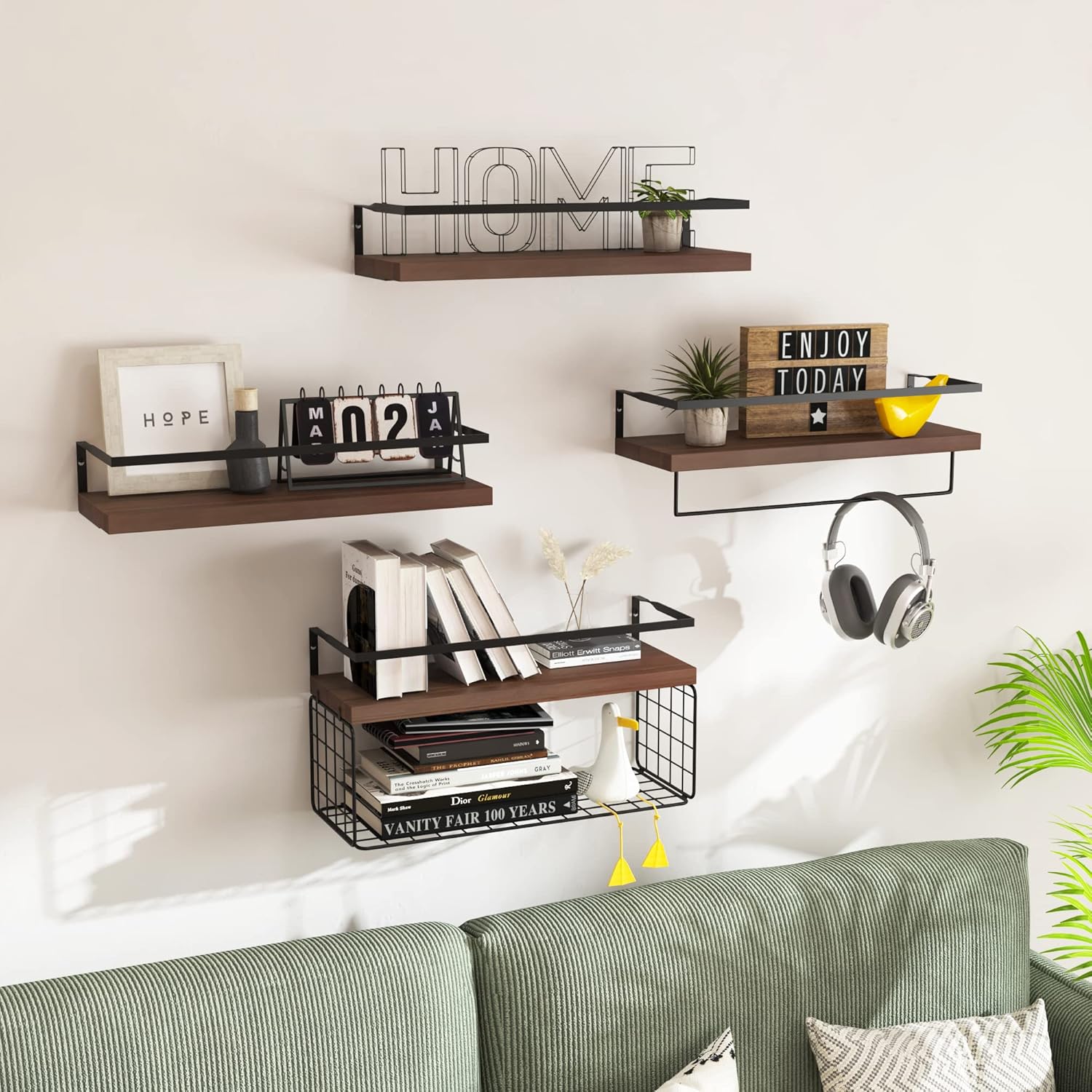 Wood Floating Shelves by [Brand Name] - Rustic Wall-Mounted 4-Tier Bathroom Shelf Set with Basket & Towel Bar