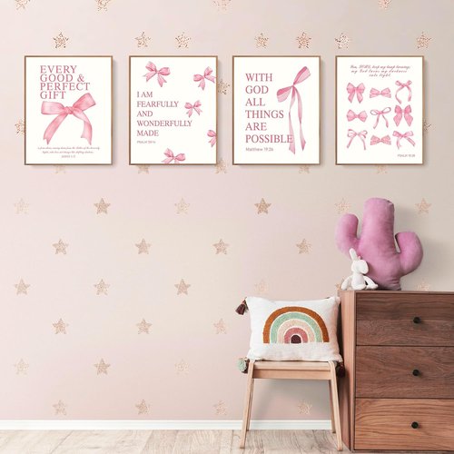 LARTSFRO Coquette Pink Bow Christian Wall Art - Inspirational Bible Verses Decor | Set of 4 Unframed 10x8 Inch Prints