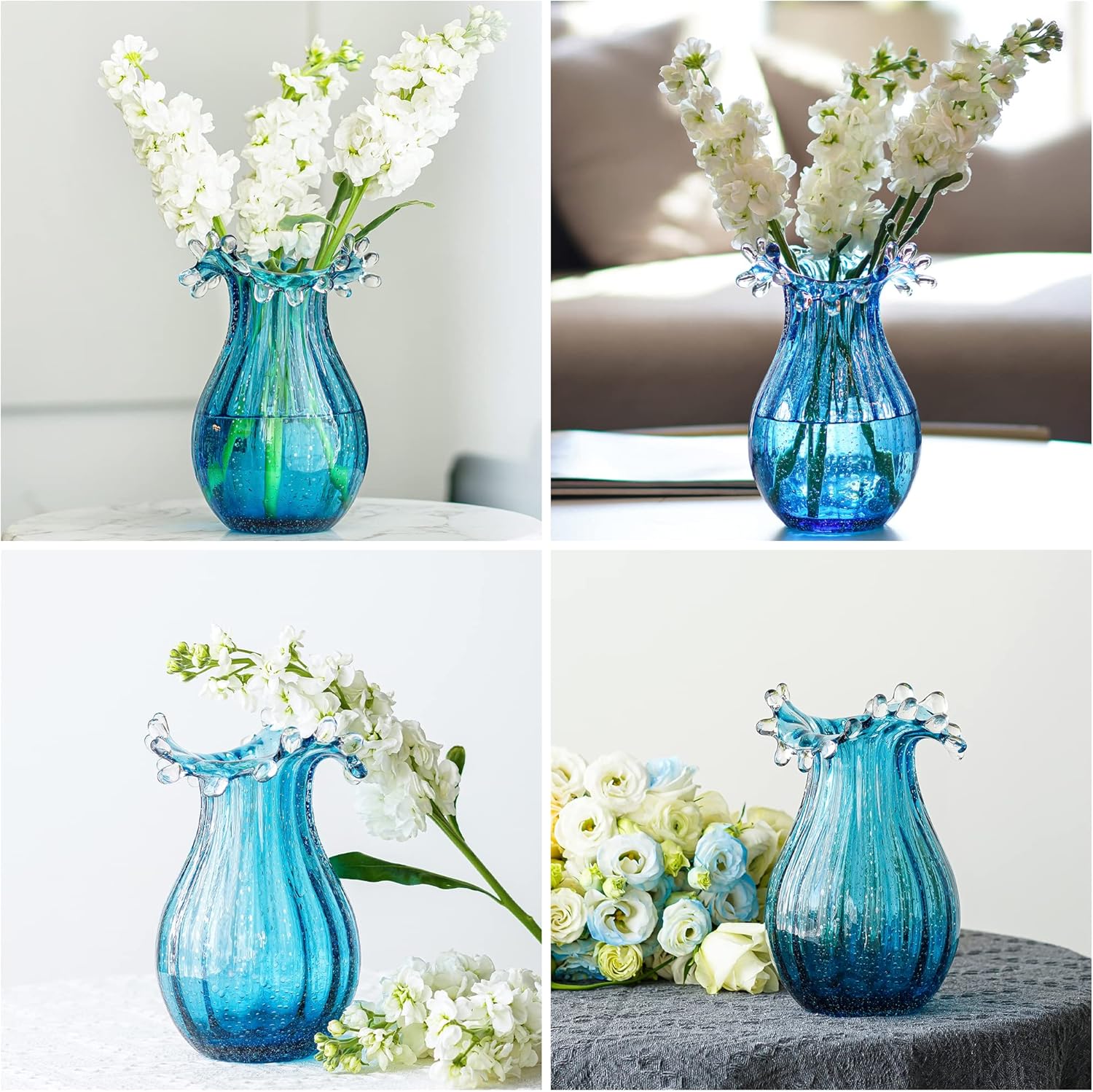 Skiennix 8-Inch Blown Glass Bubble Vase | Modern Art Flower Decor for Home & Weddings - Blue