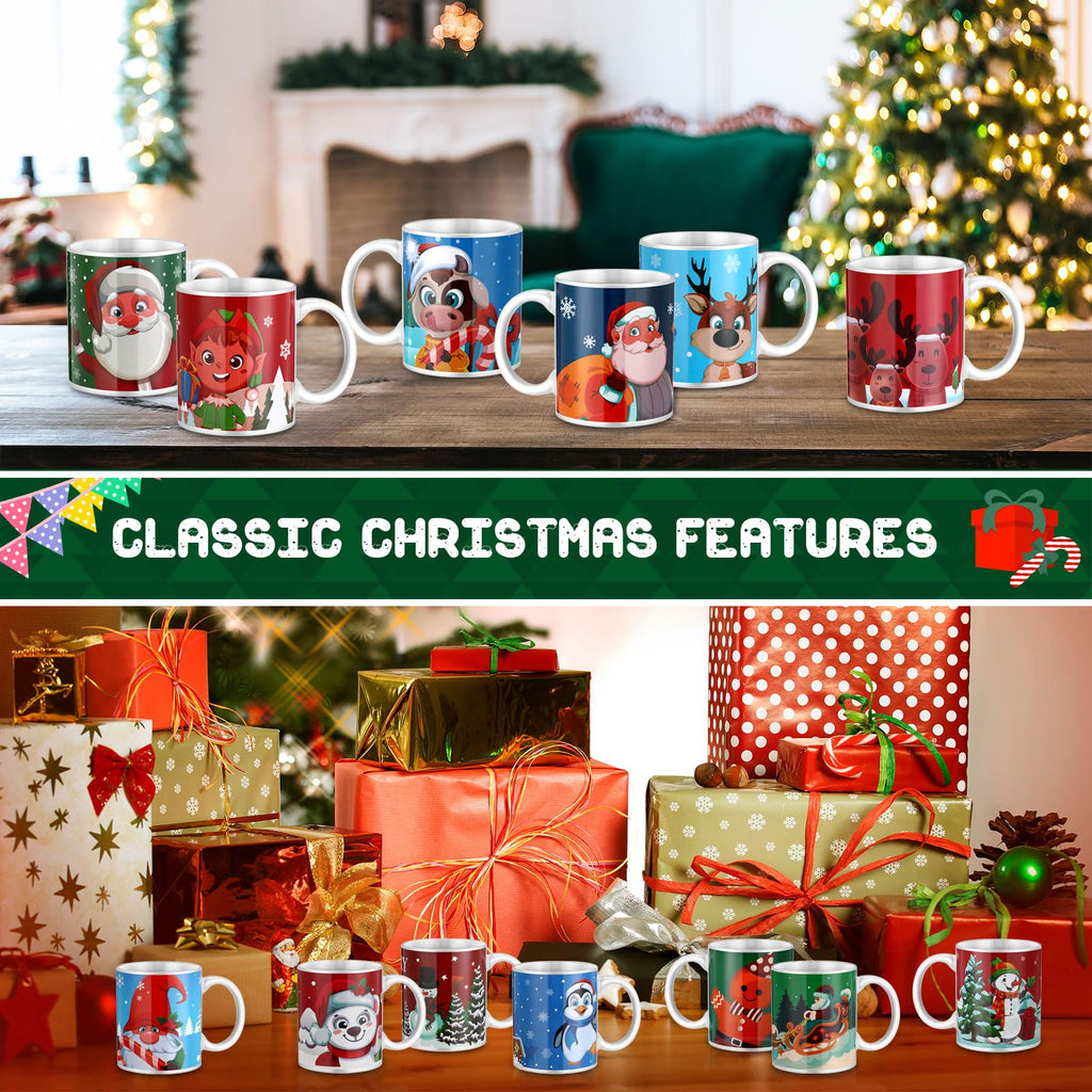 Tioncy Set of 16 Christmas Coffee Mugs Bulk 11 oz Holiday Ceramic Mugs Set with Handles Santa Xmas Tree Snowman Ceramic Coffee for Women Men Christmas Gifts Hot Tea Coffee