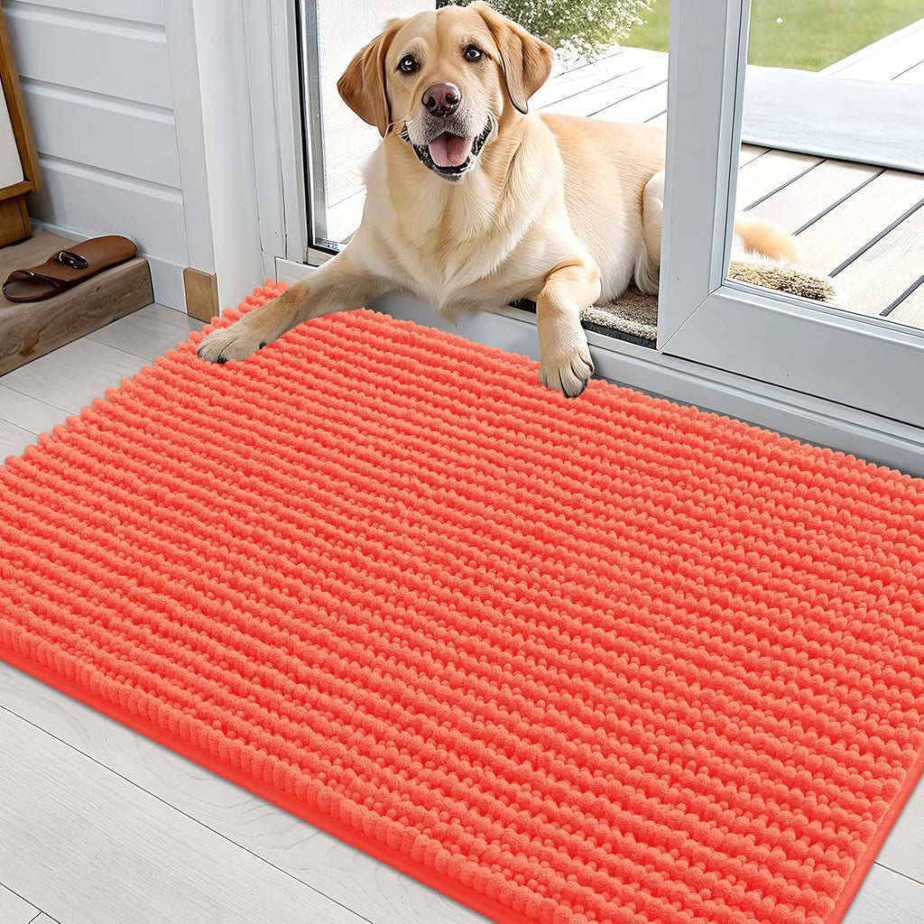 OLANLY Dog Door Mat - Ultra Absorbent Chenille Mud Doormat | Non-Slip & Washable 36x24 Coral