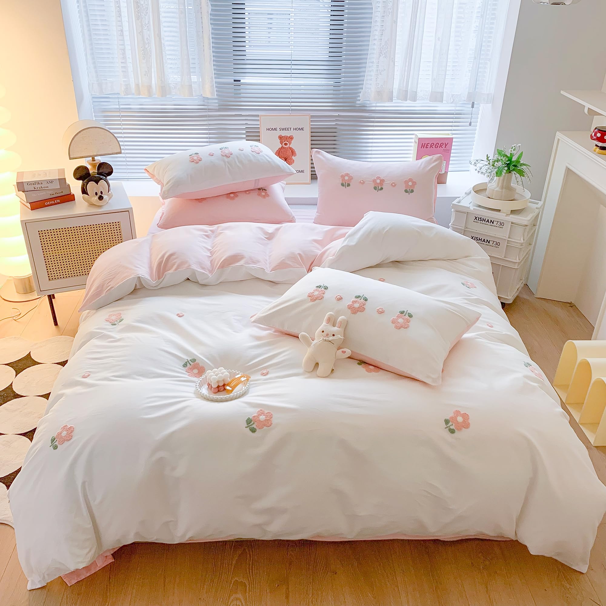 MorroMorn Cotton Duvet Cover Queen Size, 3D Embroidery Floral Bedding Sets, Fluffy Chenille Embroidered Comforter Covers Breathable for Girls Kids (Flowers White Full/Queen, Comforter Not Included)