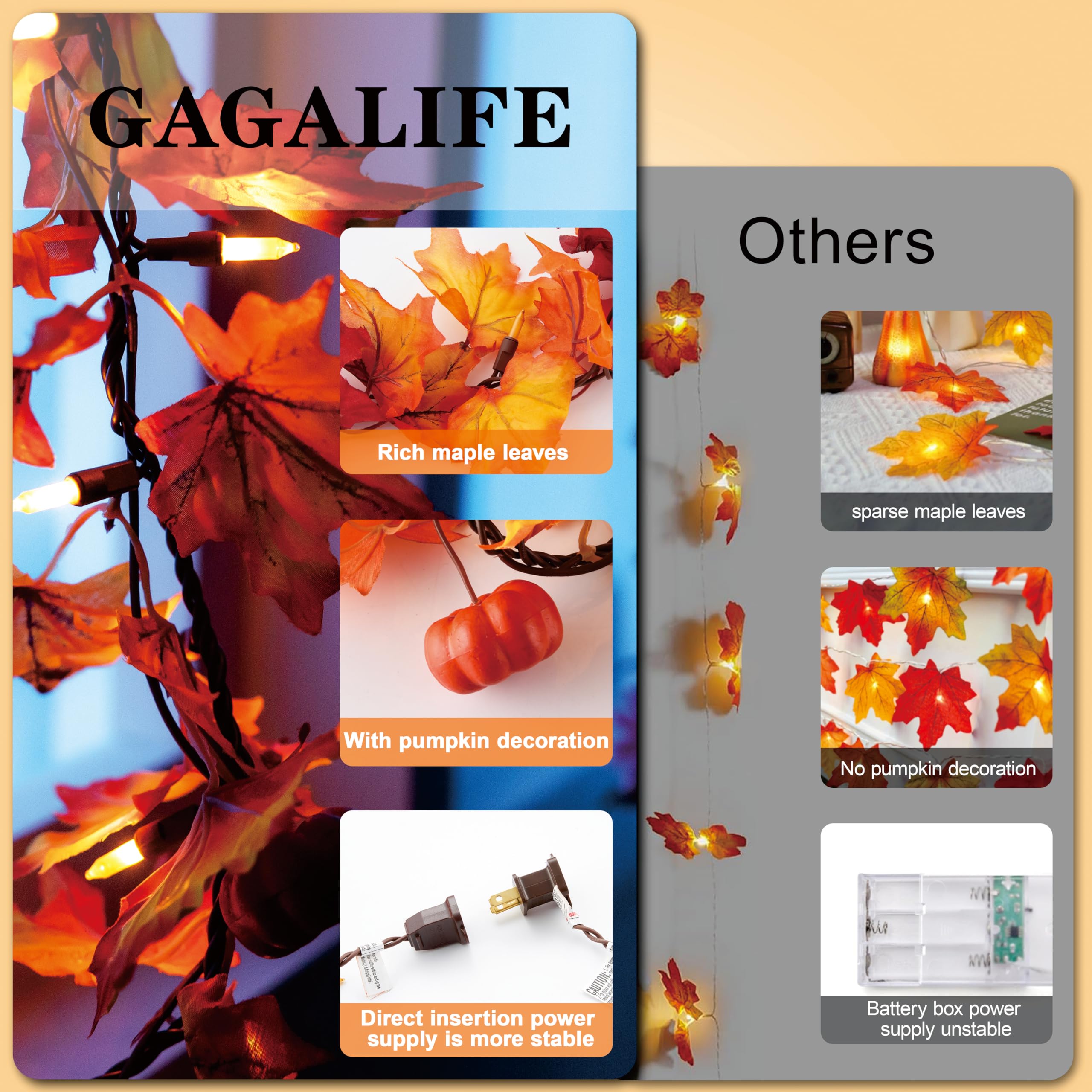 GAGALIFE Thanksgiving Decorations Fall Garland with Lights, 50 Warm Bulbs with Mini Pumpkins - 11FT Connectable Fall Lights Outdoor & Indoor, Realistic Maple Leaf String Lights for Fall Decor