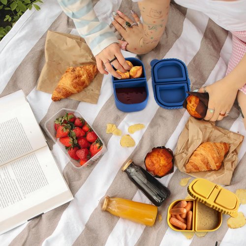 MACTANO 2 Pack Reusable Silicone Snack Containers with Lids, 8.5 oz Double Compartment Condiment Meal Prep Control Containers Portable Small Leakproof for Office Travel Picnic
