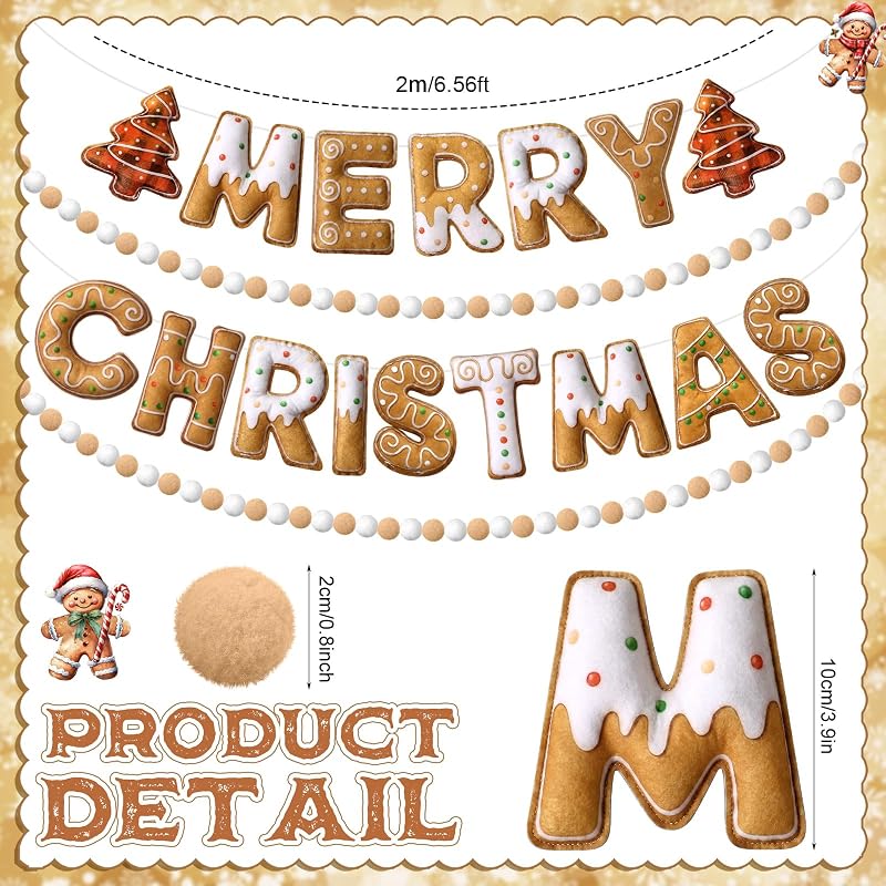 4pcs Felt Merry Christmas Banner - Gingerbread Man Pom Pom Garland, Variation: 4+Gingerbread Man