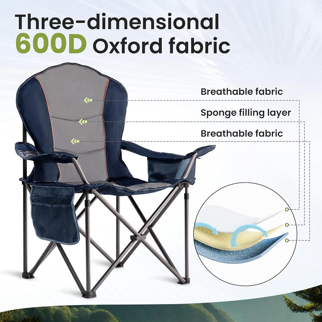 Skiennix Oversized Camping Chair - Heavy Duty Portable Folding Chair with Cup Holder & Waterproof Phone Case - Blue & Gray, XL