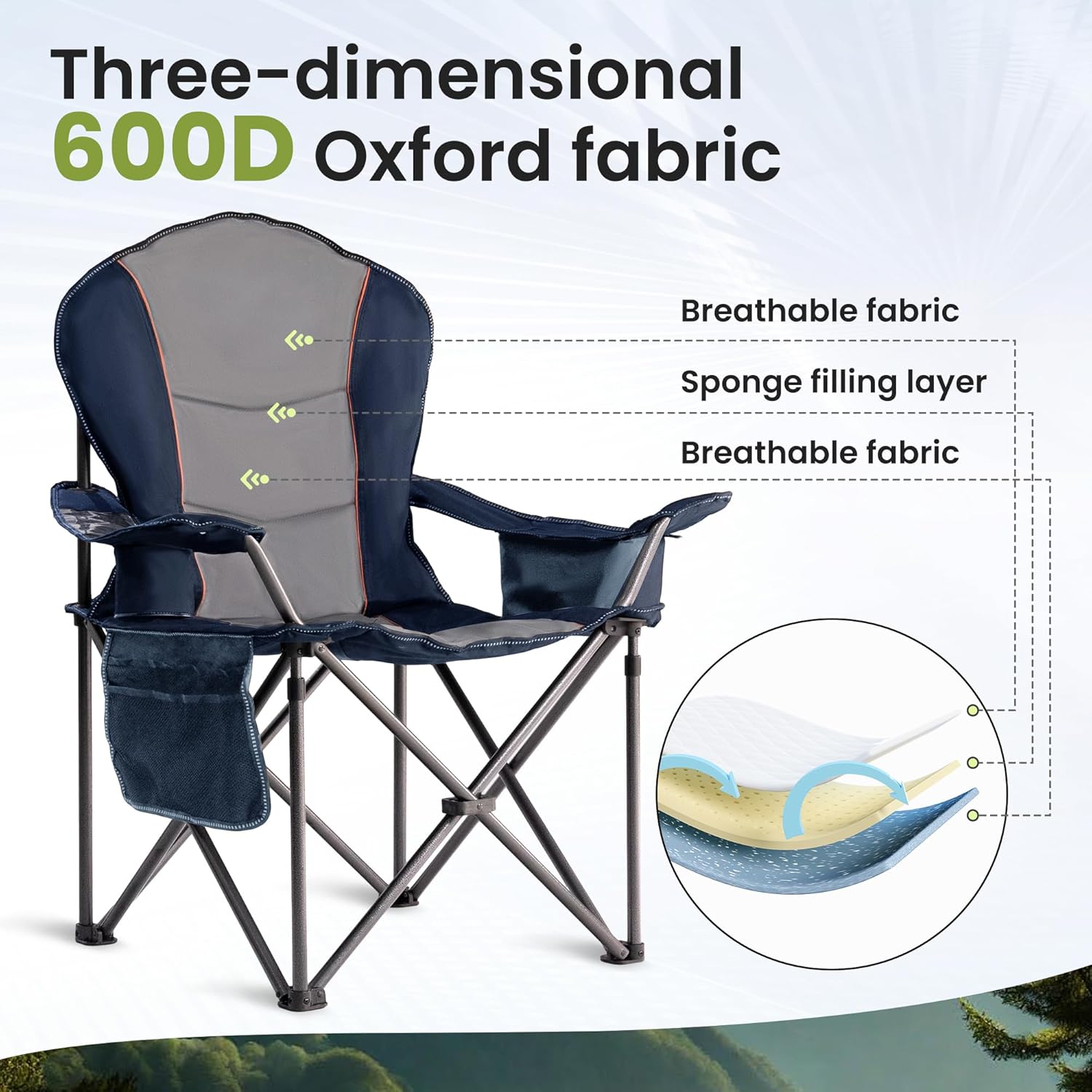 Skiennix Oversized Camping Chair - Heavy Duty Portable Folding Chair with Cup Holder & Waterproof Phone Case - Blue & Gray, XL