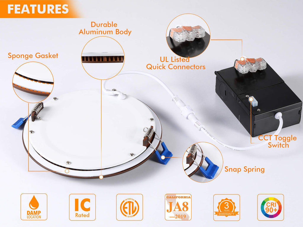 Cloudy Bay 6 inch 3000K/ 4000K/ 5000K Three Color Temperature Selectable,Dimmable 15W CRI90+,Ultra Thin LED Recessed Light with Junction Box,IC Rated, Canless Wafer Downlight, Oil Rubbed Bronze,6 Pack