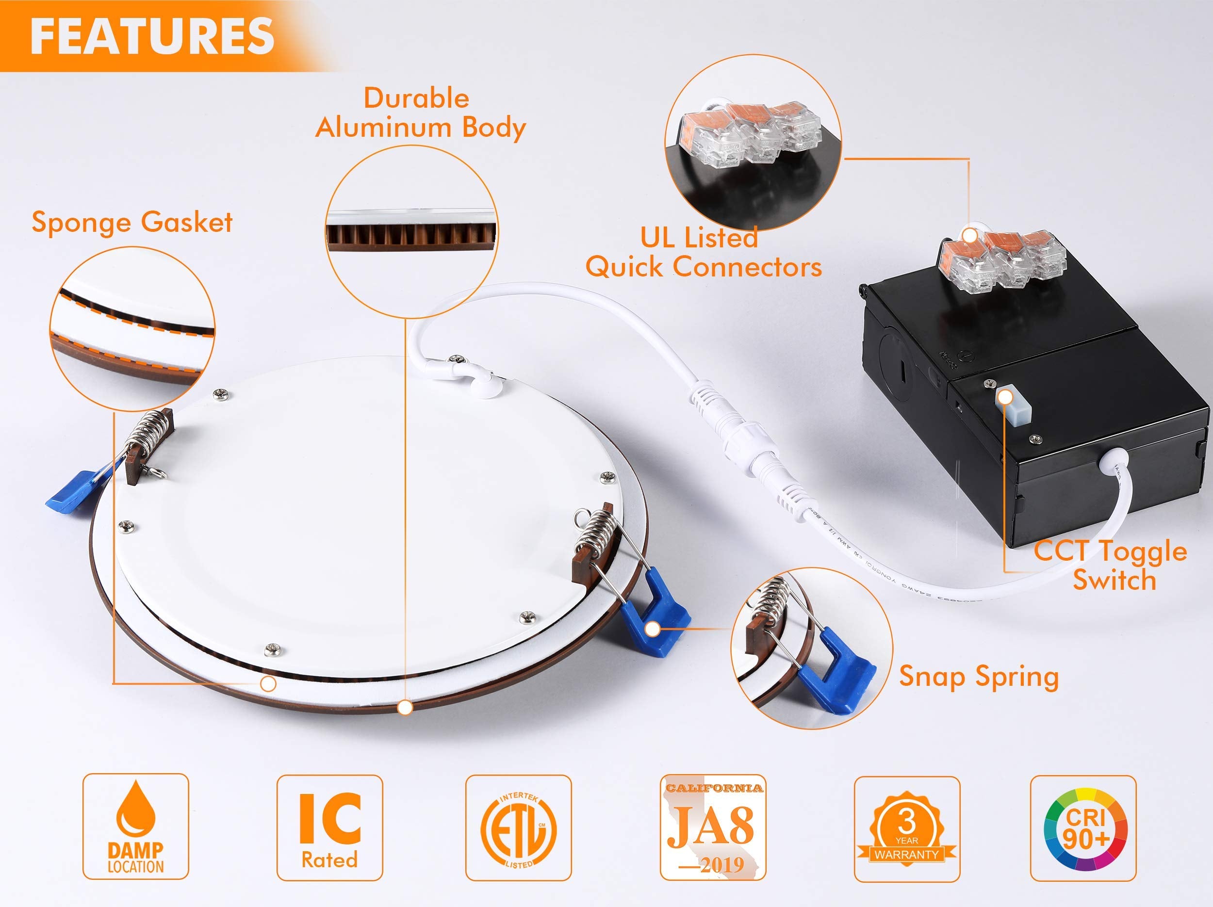 Cloudy Bay 6 inch 3000K/ 4000K/ 5000K Three Color Temperature Selectable,Dimmable 15W CRI90+,Ultra Thin LED Recessed Light with Junction Box,IC Rated, Canless Wafer Downlight, Oil Rubbed Bronze,6 Pack