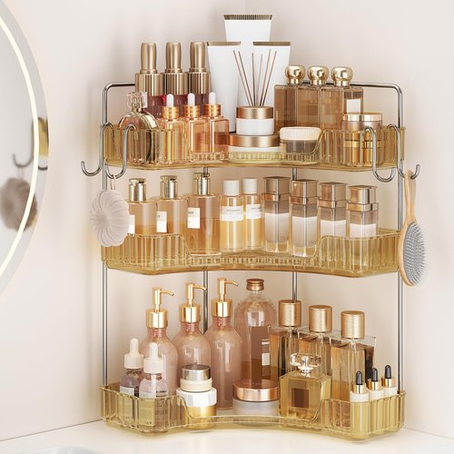 Kinkota Golden 3-Tier Corner Bathroom Organizer, Countertop Storage Shelf with Hooks | Makeup & Skincare Organizer for Bathroom Sink and Vanity Counter